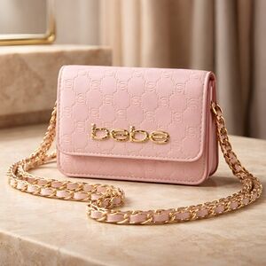 bebe Pink Quilted Mini Crossbody with Gold Chain Strap